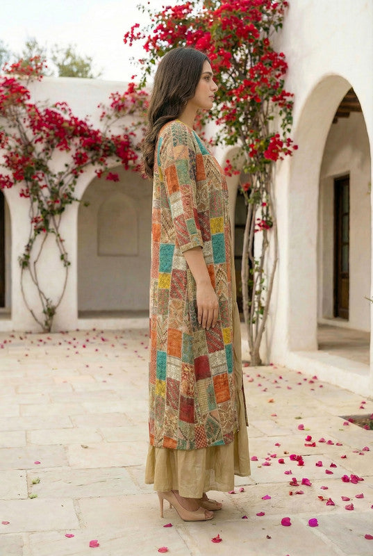 Multicolor Patchwork with Beige Anarkali Russian Silk Long Shrug Set