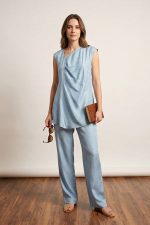 Sky Blue Chic Monochrome Sleeveless Tunic with Straight Pants Solid Russian Co-ord Set