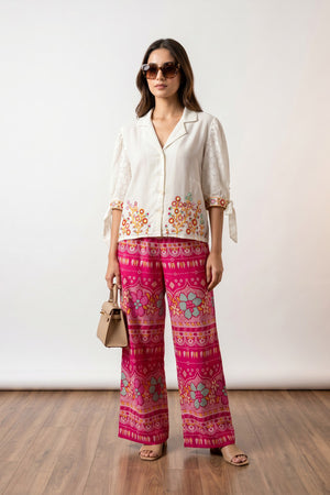 White Boho Chic Embroidered Shirt and Pink Printed Palazzo Cotton Co-ord Set