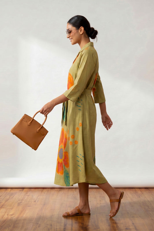 Olive Artistic Floral Printed Wrap Style Cotton Midi Dress