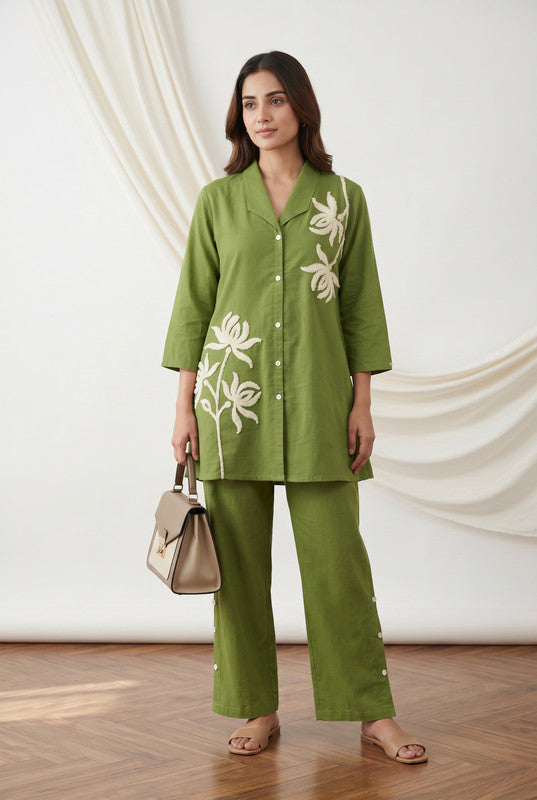 Green Cotton Flex Co-ord Set with Floral Embroidered & Straight Pants