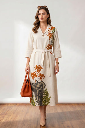 Off-White Palm Tree Printed Cotton Flex Midi Dress