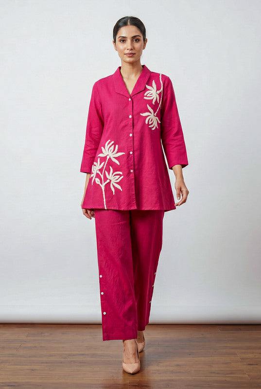 Pink Floral Embroidered Shirt Collar Button-Down Cotton Co-ord Set