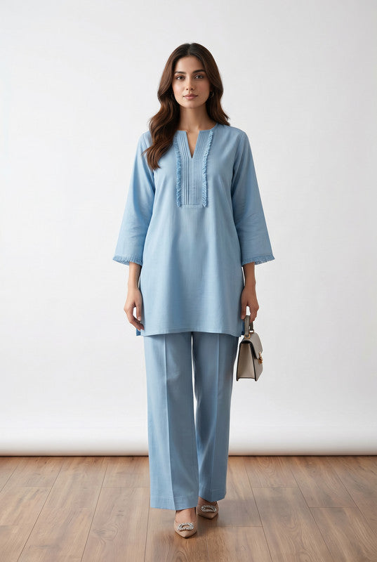 Sky Blue Solid Lace Detail V-Slit Neck Ethnic Cotton Co-ord Set for Women
