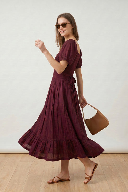 Wine Smocked Bodice Puff Sleeve Square Neck Flowy Solid Russian Silk D