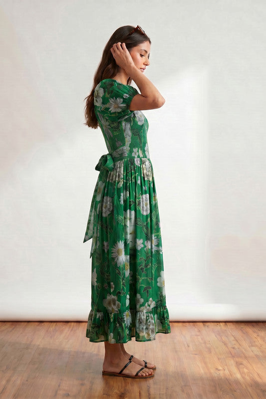 Emerald Green Printed Floral Inspired Puff Sleeve Summer Resort Russsian Silk Dress