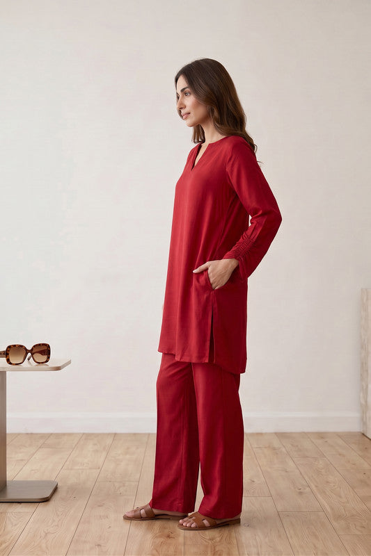 Red Urban Chic Solid Refined Silhouette Tunic & Trouser Russian Silk Co-ord Set