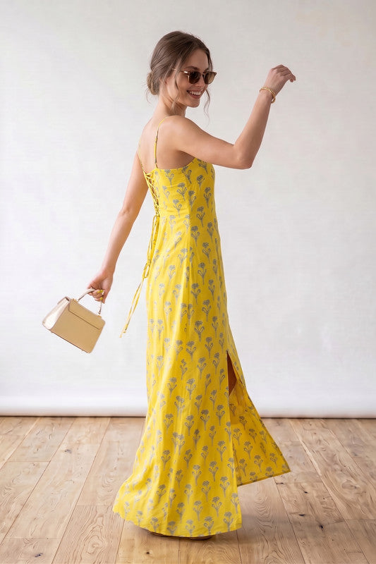 Yellow Printed Spaghetti Strap Sleeveless Straight Fit Beachwear Russian Silk Dress