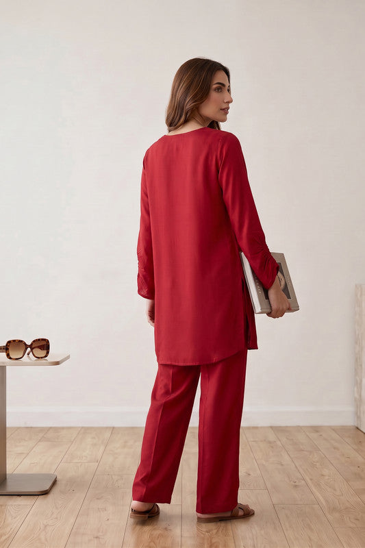 Red Urban Chic Solid Refined Silhouette Tunic & Trouser Russian Silk Co-ord Set