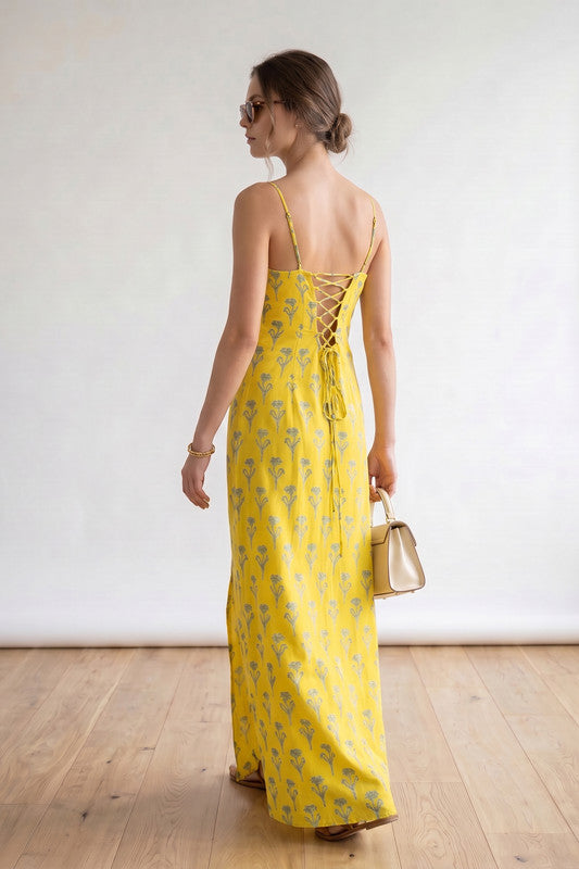 Yellow Printed Spaghetti Strap Sleeveless Straight Fit Beachwear Russian Silk Dress