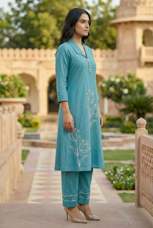 Blue Floral Embroidered Motif Cotton Co-ord Set