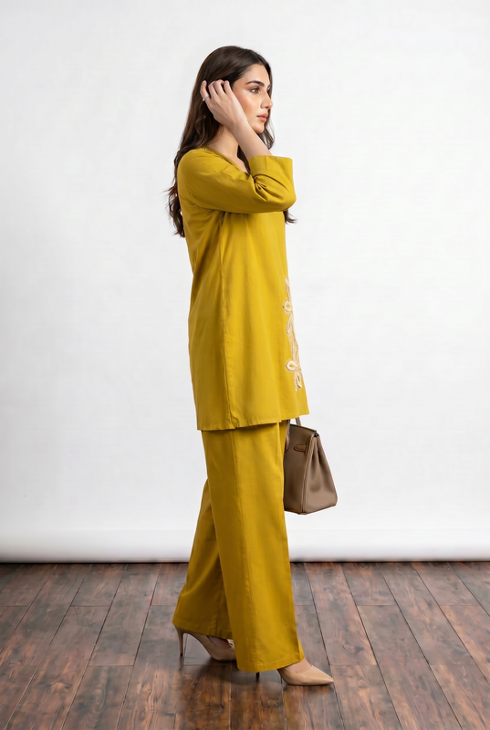 Mustard Floral Appliqué V-Neck Cotton Co-Ord Set