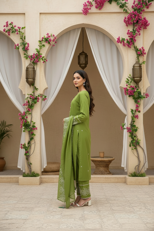 Olive Green Embroidered Kurta Pant Set with Dupatta