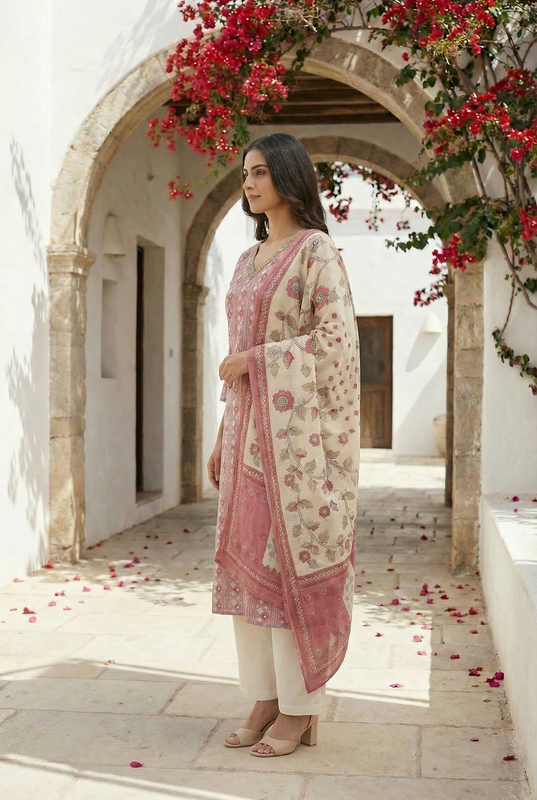 Dusty Pink Printed Russian Silk Straight Kurta Set with Floral Dupatta & Cream Palazzo Pants