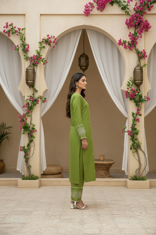 Olive Green Embroidered Kurta Pant Set with Dupatta