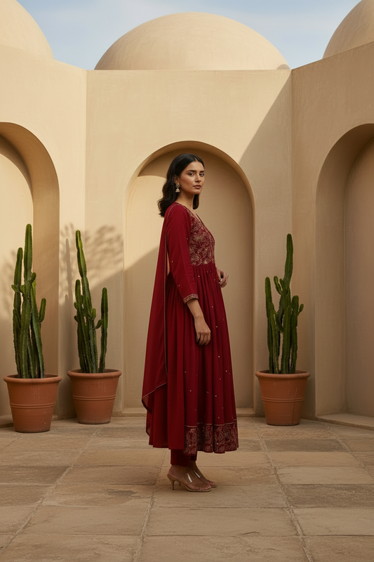 Wine Red Embroidered Kurta Pant Set with Dupatta