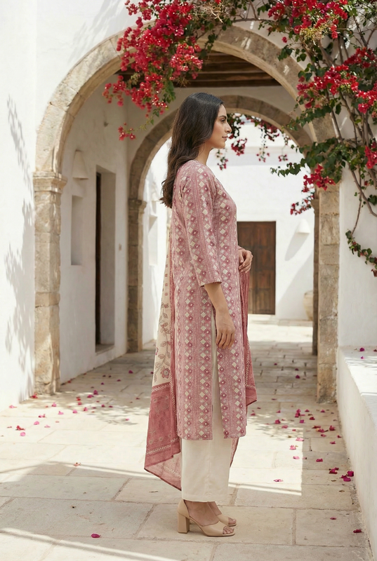 Dusty Pink Printed Russian Silk Straight Kurta Set with Floral Dupatta & Cream Palazzo Pants