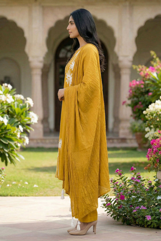 Yellow  Floral A-Line Embroidery Cotton Kurta Pant Set with Dupatta