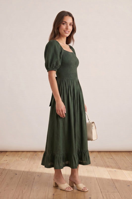 Olive Green Smocked Feminine Silhouette Ruffle Hem Solid Russian Silk Dress