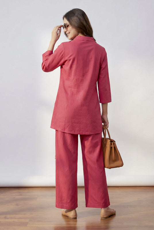 Fuchsia Floral Embroidery Shirt Collar Cotton Flex Co-ord Set