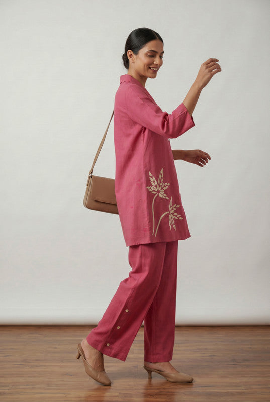 Rose Pink Leaf Embroidery  Cotton Flex  Co-ord Set with Straight Fit Pants