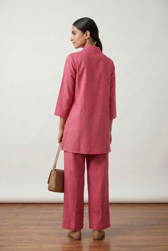 Rose Pink Leaf Embroidery  Cotton Flex  Co-ord Set with Straight Fit Pants