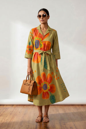Artistic Floral Printed Cotton Midi Dress