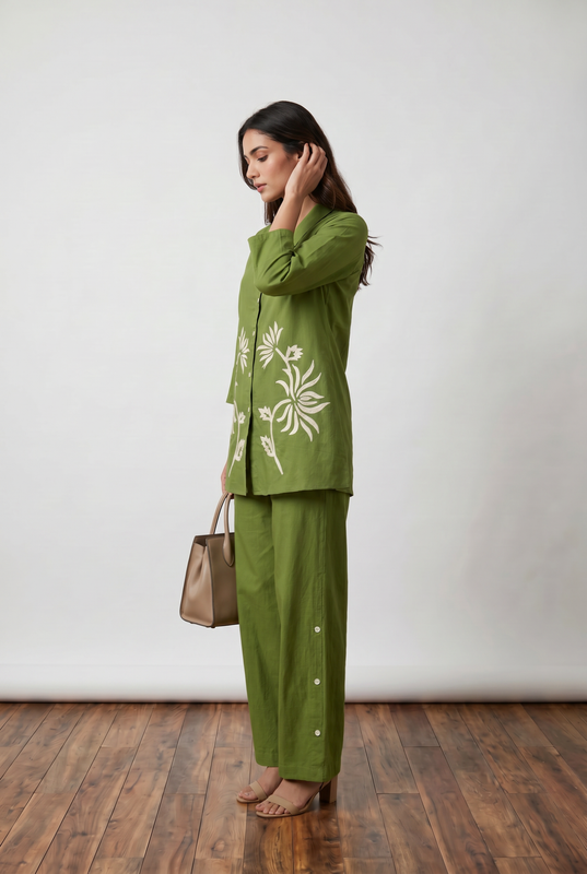 Olive Green Floral Applique Cotton Co-Ord Set