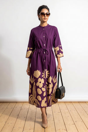 Purple Floral Printed A-Line Cotton Midi Dress