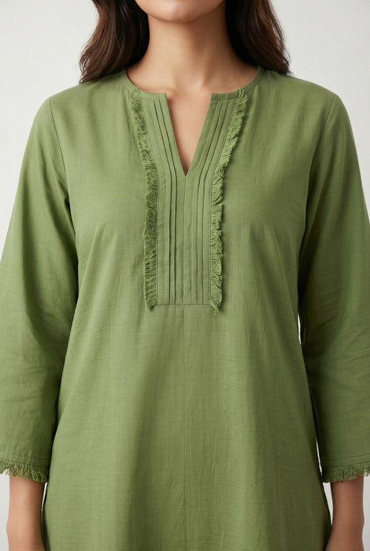 Green Lace Detail Solid V-Notch Neck Straight Cotton Co-ord Set