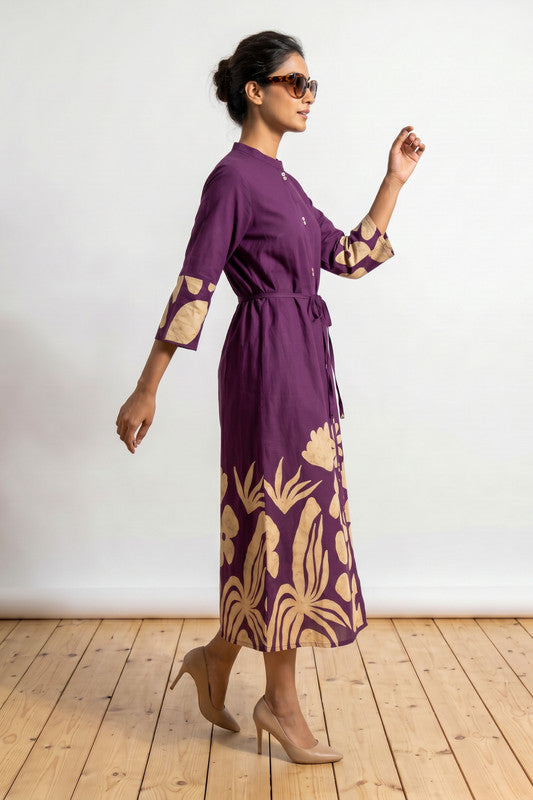 Purple Floral Printed Tie-Up Waist A-Line Cotton Midi Dress
