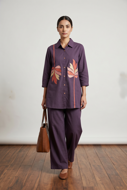 Deep Purple Abstract Leaf Embroidered Cotton Co-Ord Set