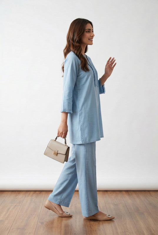 Sky Blue Solid Lace Detail V-Slit Neck Ethnic Cotton Co-ord Set for Women