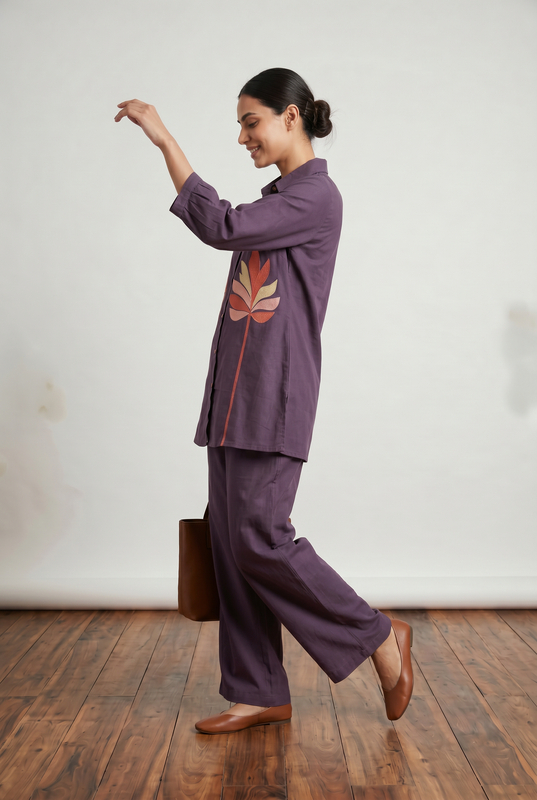 Deep Purple Abstract Leaf Embroidered Cotton Co-Ord Set