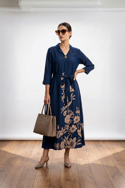 Navy Blue Floral Printed Shirt Collar Belted Russian Silk Midi Dress