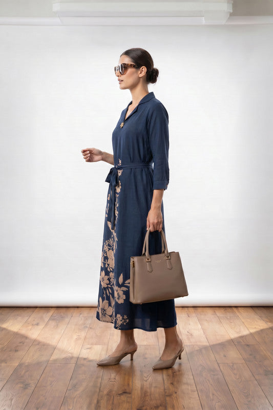 Navy Blue Floral Printed Shirt Collar Belted Russian Silk Midi Dress