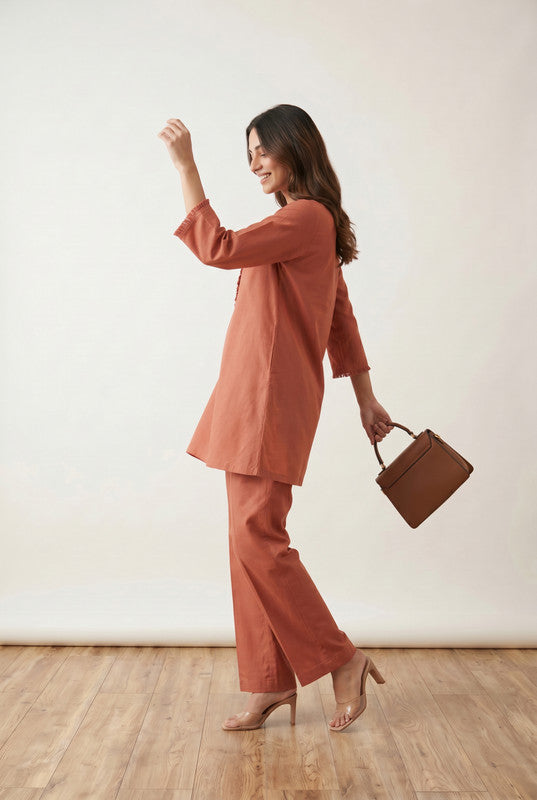 Rust Fringe Detail Solid Comfort Fit V-Notch Neck Cotton Co-ord Set