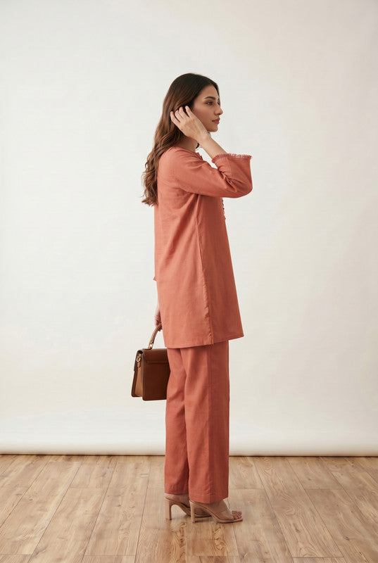 Rust Fringe Detail Solid Comfort Fit V-Notch Neck Cotton Co-ord Set