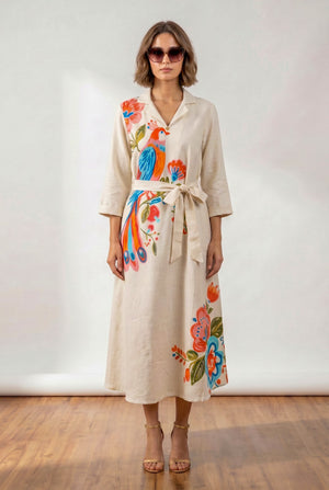 Ivory Printed A-Line Cotton Flex Midi Dress