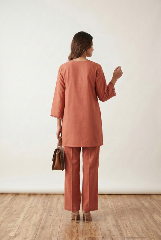 Rust Fringe Detail Solid Comfort Fit V-Notch Neck Cotton Co-ord Set