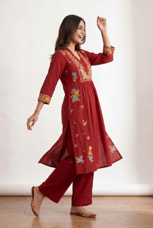 Maroon Floral Premium Embroidered A-Line Cotton Flex Kurta with Wide-Leg Pants