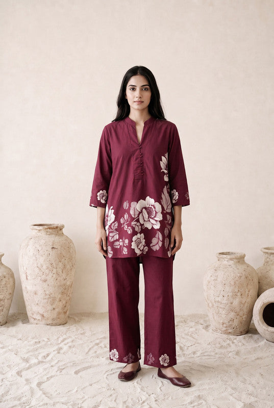 Wine Floral Cotton Flex Co-Ord Set