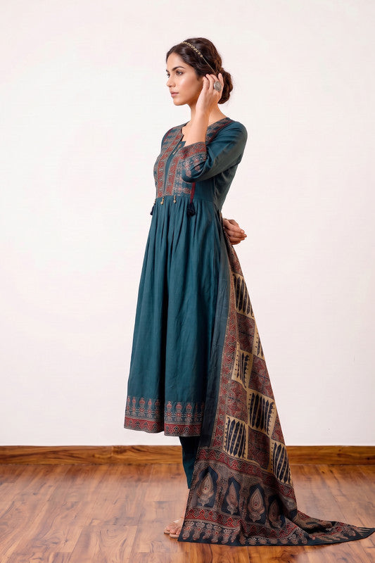 Teal Ethnic Fusion Printed Festive Wear Cotton Kurta Set with Printed Dupatta