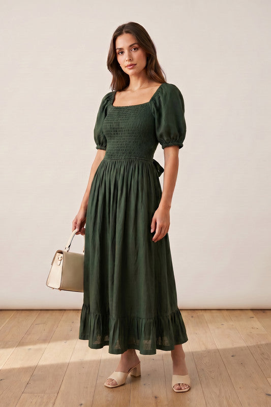 Olive Green Smocked Feminine Silhouette Ruffle Hem Solid Russian Silk Dress