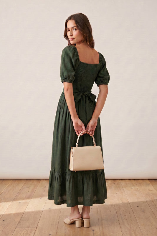 Olive Green Smocked Feminine Silhouette Ruffle Hem Solid Russian Silk Dress