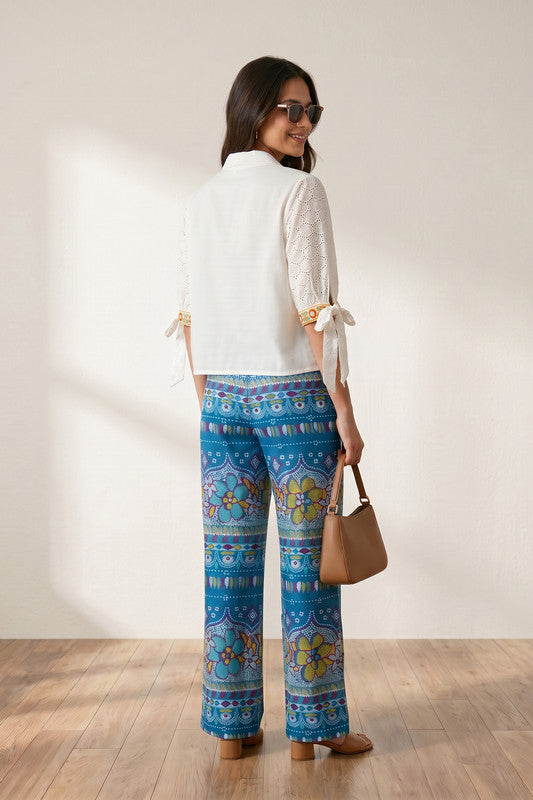 White Heritage Motif Embroidered Shirt & Blue Printed Trouser Co-ord Set