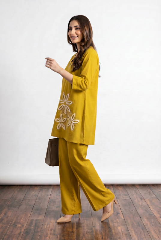 Mustard Floral Appliqué V-Neck Cotton Co-Ord Set