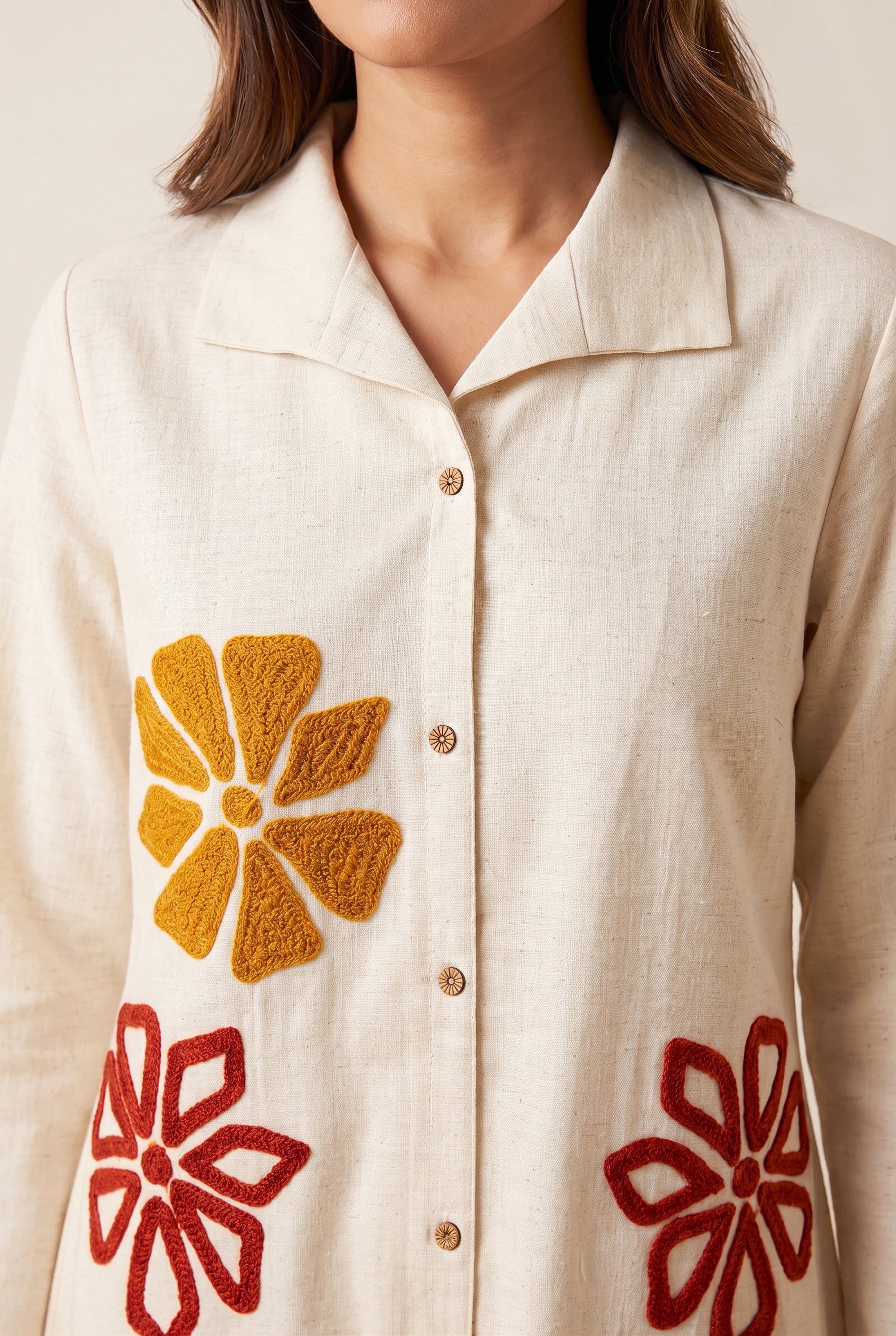 Off White Floral Detail Shirt & Palazzo Embroidery Cotton Flex Co-ord Set