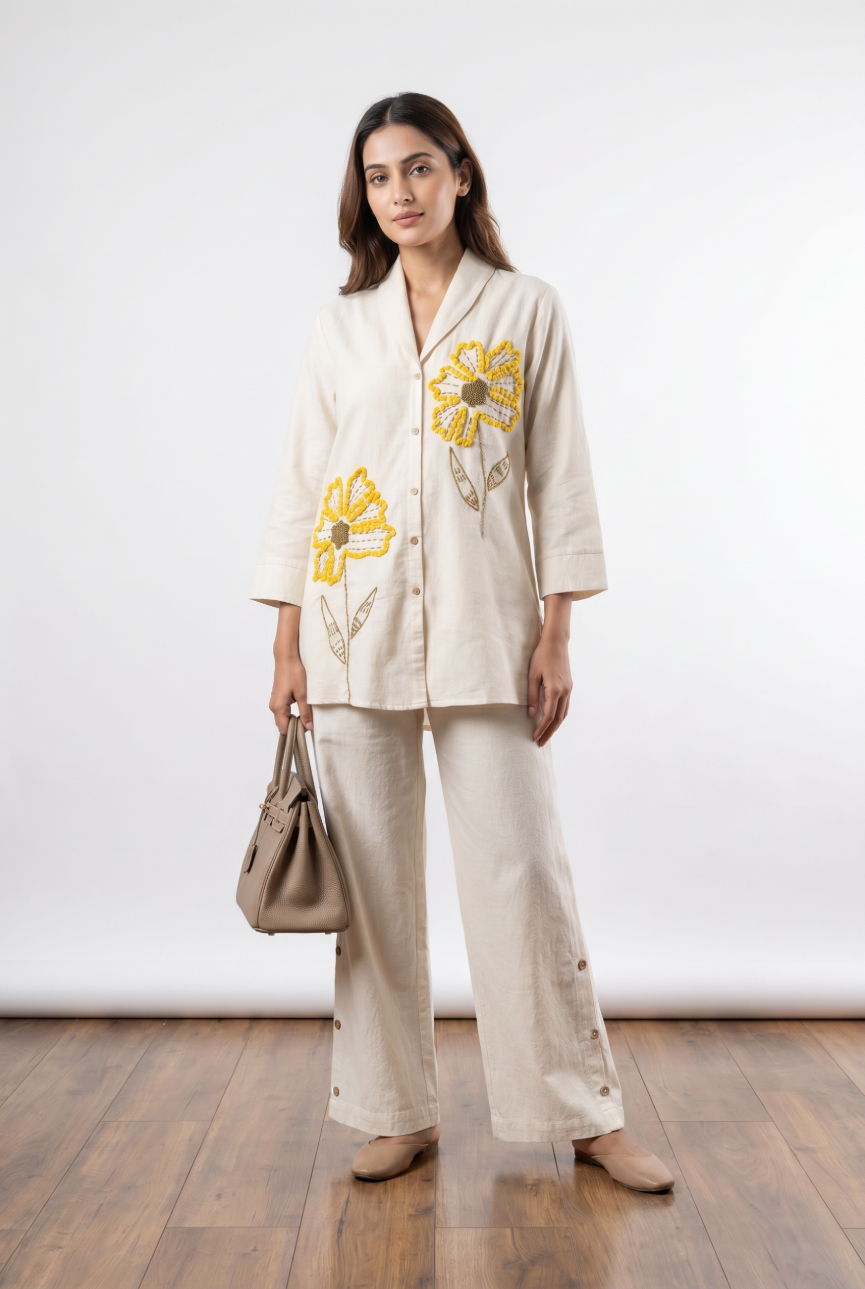 Off White Floral Applique Cotton Flex Co-Ord Set