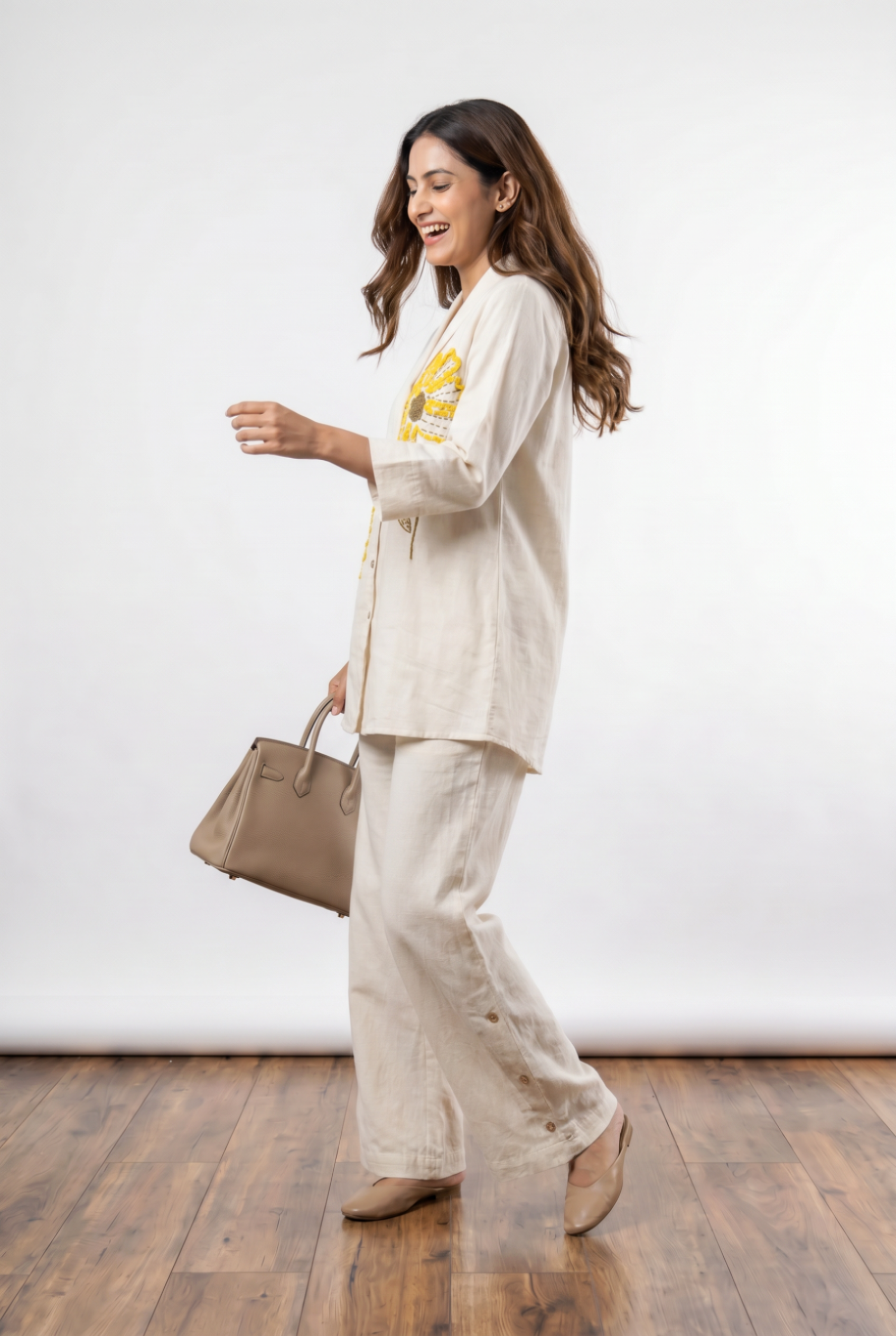 Off White Floral Applique Cotton Flex Co-Ord Set
